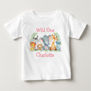 Wild 1. Geburtstag Safari Tiere Weiß Rosa Baby T-shirt