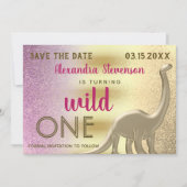 Wild 1 Glitzer Pink & Gold Dinosaurier 1. Geburtst Save The Date (Vorderseite)