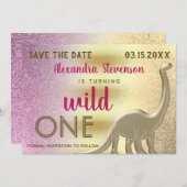 Wild 1 Glitzer Pink & Gold Dinosaurier 1. Geburtst Save The Date (Vorne/Hinten)