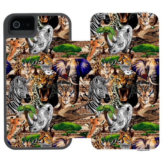 Wild afrikanische Savanna Tiere Incipio iPhone Geldbeutel-Hülle (Folio Geöffnet)
