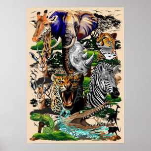 Wild afrikanische Savanna Tiere Poster