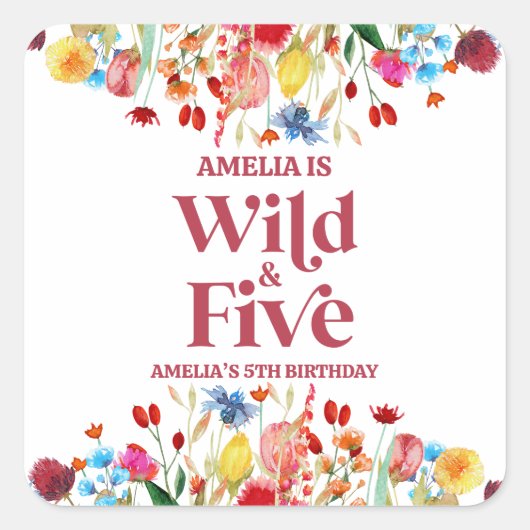 Wild and Five Wildflower 5th Fifth Birthday Party Quadratischer Aufkleber (Vorderseite)