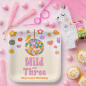 Wild and Three Retro Disco Ball 3rd Birthday Party Pappteller (Party)