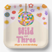 Wild and Three Retro Disco Ball 3rd Birthday Party Pappteller (Vorderseite)