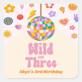 Wild and Three Retro Disco Ball 3rd Birthday Party Quadratischer Aufkleber