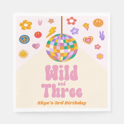 Wild and Three Retro Disco Ball 3rd Birthday Party Serviette (Vorderseite)