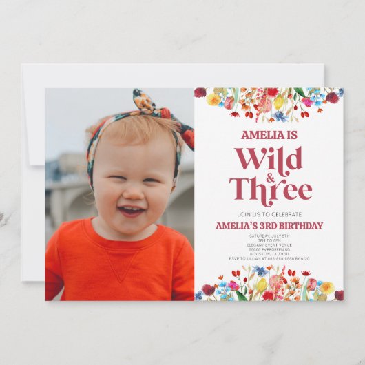 Wild and Three Wildflower Third 3rd Birthday Party Einladung (Vorderseite)