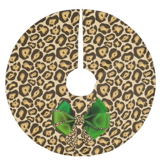 Wild Animal Print Jaguar mit grünem Bow Polyester Weihnachtsbaumdecke (Vorderseite)