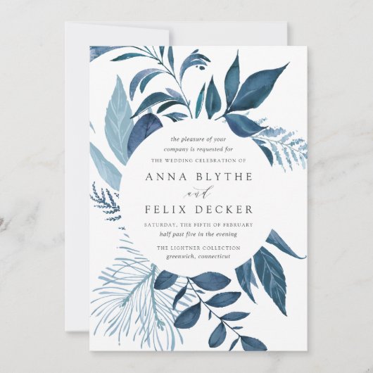 Wild Azure | Blaue Botanische Hochzeit Einladung (Vorderseite)