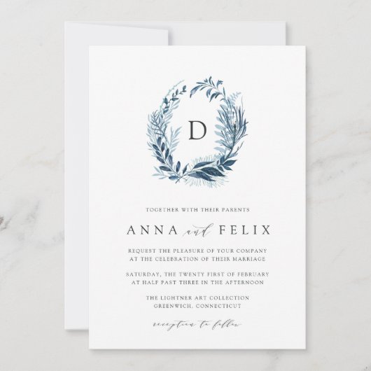 Wild Azure Monogram Wedding Einladung (Vorderseite)