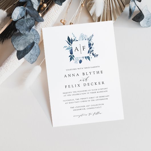 Wild Azure Monogram Wedding Einladung
