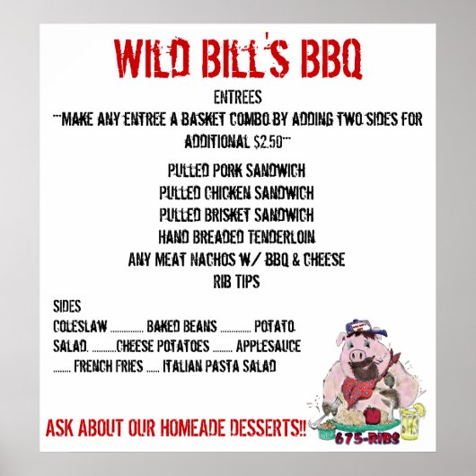 WILD BILL'S GRILLEN MENU POSTER (Vorne)