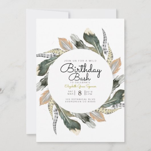 Wild Birthday Bash | Feather Watercolor Circle Einladung (Vorderseite)