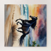 Wild black stallion galloping puzzle (Horizontal)