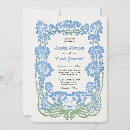 Wild blaue Blumen Letterpress Style Wedding Einladung (Vorderseite)