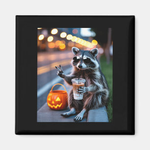 Wild bleibender Waschbär trinkt eisgekühlten Kaffe Magnet