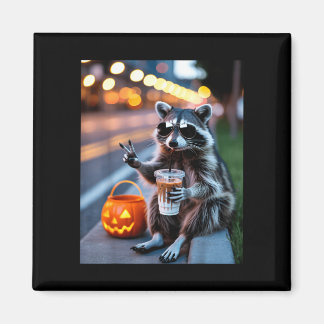 Wild bleibender Waschbär trinkt eisgekühlten Kaffe Magnet