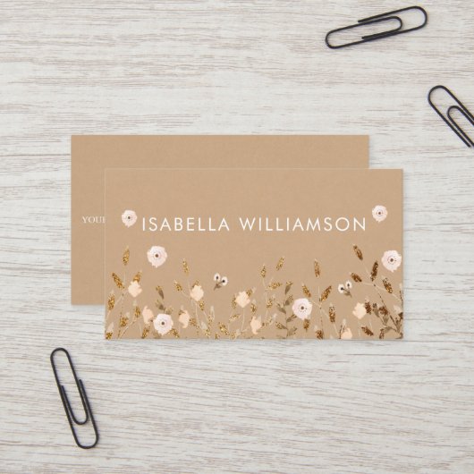 Wild Blossom | Gold Glitzer Floral Elegant Kraft Visitenkarte (Vorderseite/Rückseite Beispiel)