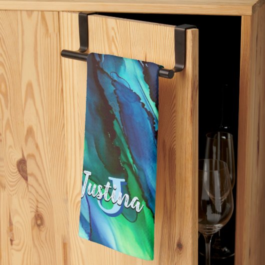 Wild Blue Oceanscape Alcohol Ink Geschirrtuch (Drittel gefaltet)