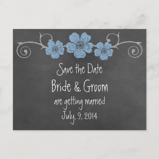 Wild Blue Rose Chalkboard Save the Date Postkarte (Vorderseite)