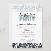 Wild Blue Zebra Birthday Glitzer Party Einladung (Vorderseite)