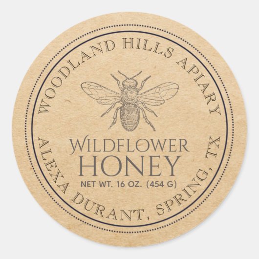 Wild Blume bearbeitbare Kraft Honey Jar Bee Label Runder Aufkleber (Vorderseite)