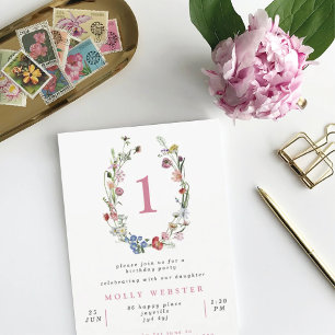 Wild Blume Wreath Girl's 1. Geburtstagsgeschenk Pa Einladung