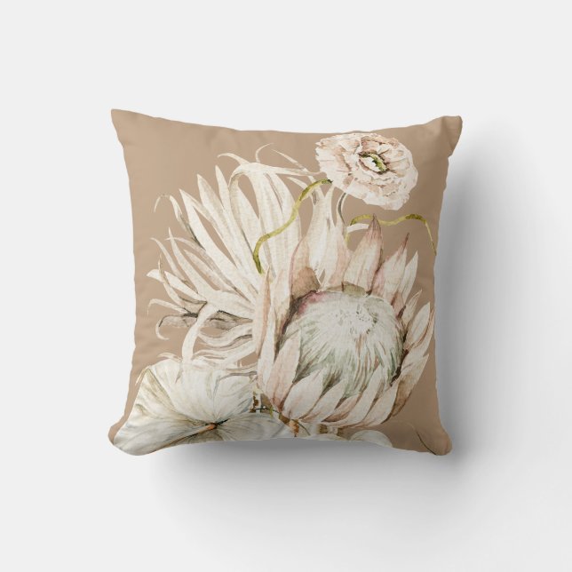 Wild Boho Protea Pampas Grass Floral Beige Kissen (Vorderseite)