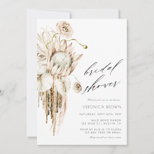 Wild Boho Protea Pampas Grass Floral Brautparty Einladung (Vorderseite)