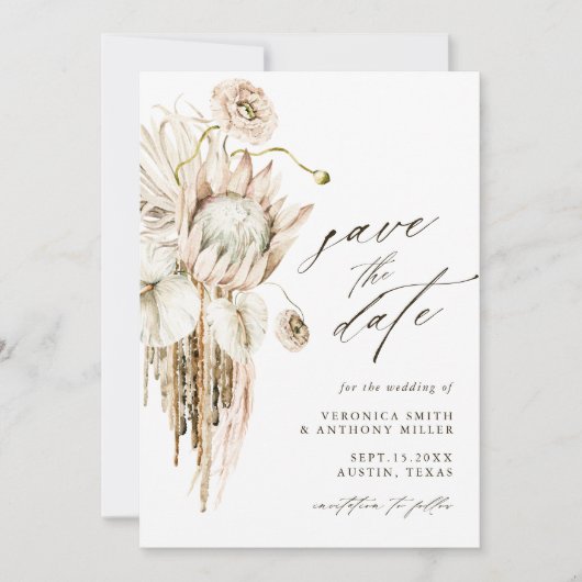 Wild Boho Protea Pampas Grass Floral Wedding Foto Save The Date (Vorderseite)