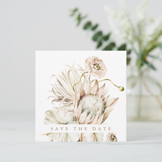 Wild Boho Protea Pampas Grass Wedding Foto Square Save The Date (Stehend Vorderseite)