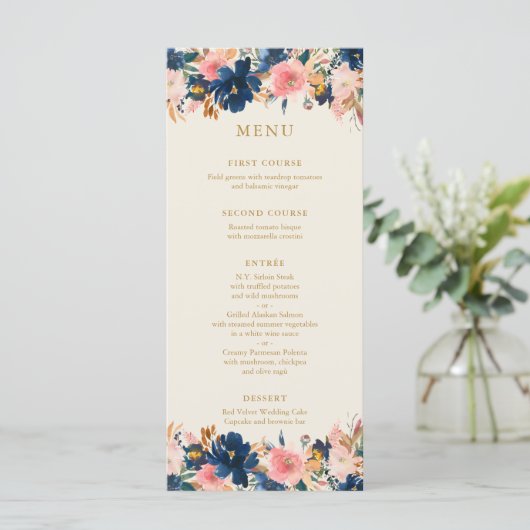 Wild Bouquet Navy & Blush | Hochzeitsmenü (Stehend Vorderseite)