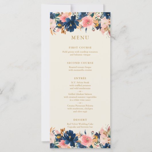 Wild Bouquet Navy & Blush | Hochzeitsmenü (Vorderseite)