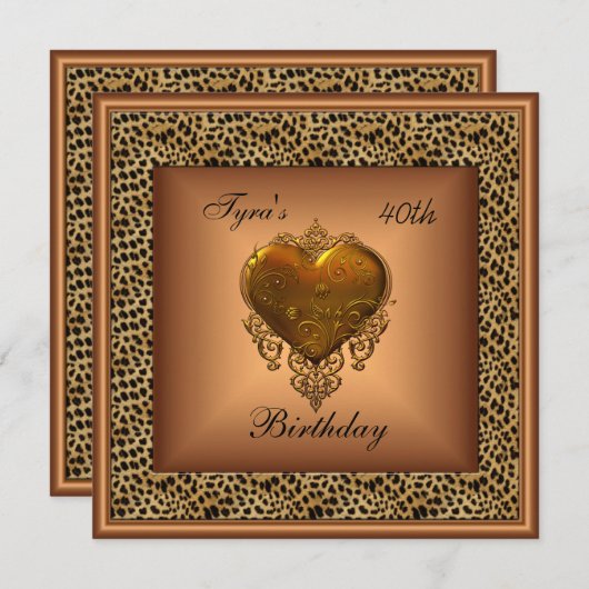 Wild Bronze Heart Jewel Gold Elegant 40. Geburtsta Einladung (Vorne/Hinten)