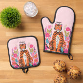 Wild Cat Tiger Pink Personalized Ofenhandschuh & Topflappen-Set (Oben Unten)