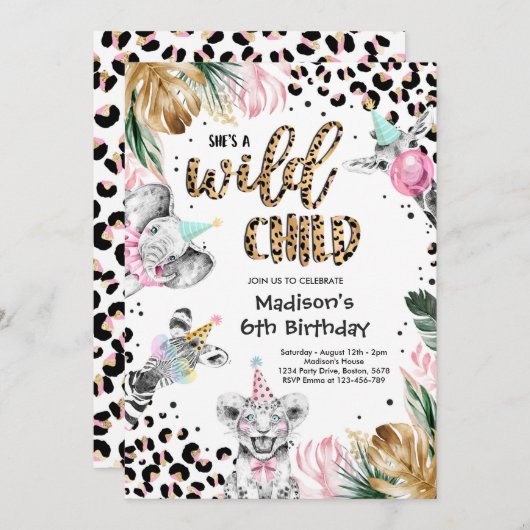 Wild Child Leopard Print Safari Tiere Geburtstag Einladung (Vorne/Hinten)