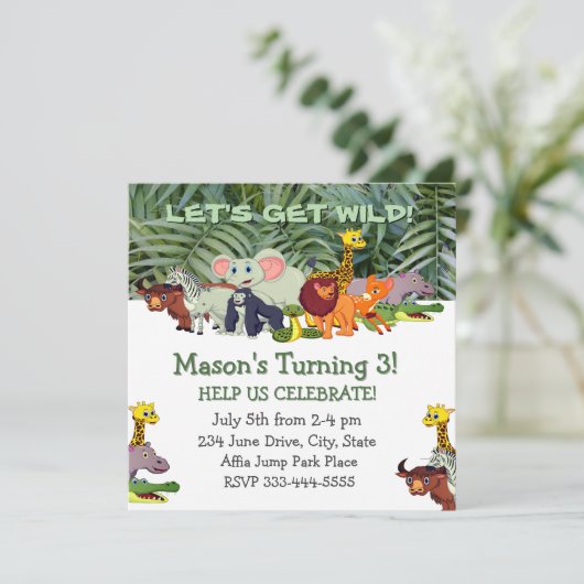 Wild! Custom Child Jungle Birthday Einladung (Stehend Vorderseite)