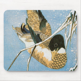 Wild Duck Swimming Snow Laden Reed von Hiroshige Mousepad
