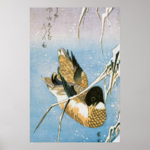 Wild Duck Swimming Snow Laden Reed von Hiroshige