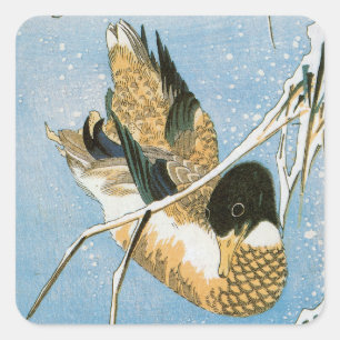 Wild Duck Swimming Snow Laden Reed von Hiroshige Quadratischer Aufkleber