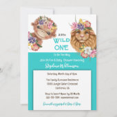 Wild ein Baby 1. Löwe Affensafari blau Einladung (Vorderseite)