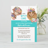 Wild ein Baby 1. Löwe Affensafari blau Einladung (Stehend Vorderseite)