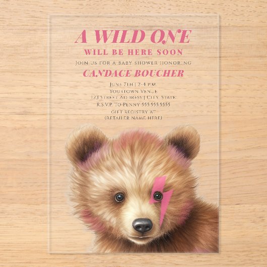 Wild ein Blitz Bolt Cub Pink Babydusche Acryleinladungen (Vorderseite)