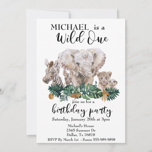 Wild ein Dschungel Wasserfarbe Elefant Zebra Tier Einladung (Vorderseite)