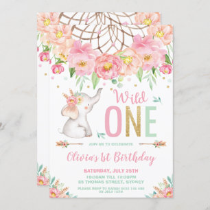 Wild ein Elefant 1. Geburtstag Boho Pink Floral Einladung