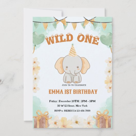 Wild ein Niedlicher Elefant 1. Geburtstag Einladun Einladung (Vorderseite)