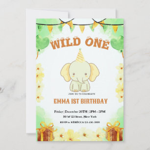 Wild ein Niedlicher Elefant 1. Geburtstag Einladun Einladung