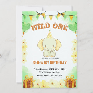 Wild ein Niedlicher Elefant 1. Geburtstag Einladun Einladung