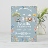 Wild ein Safari-Dschungel Floral Geburtsname Einladung (Stehend Vorderseite)