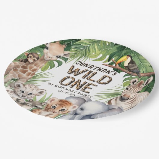 Wild ein Safari Tiere Dschungel Junge 1. Geburtsta Pappteller (Schrägansicht)